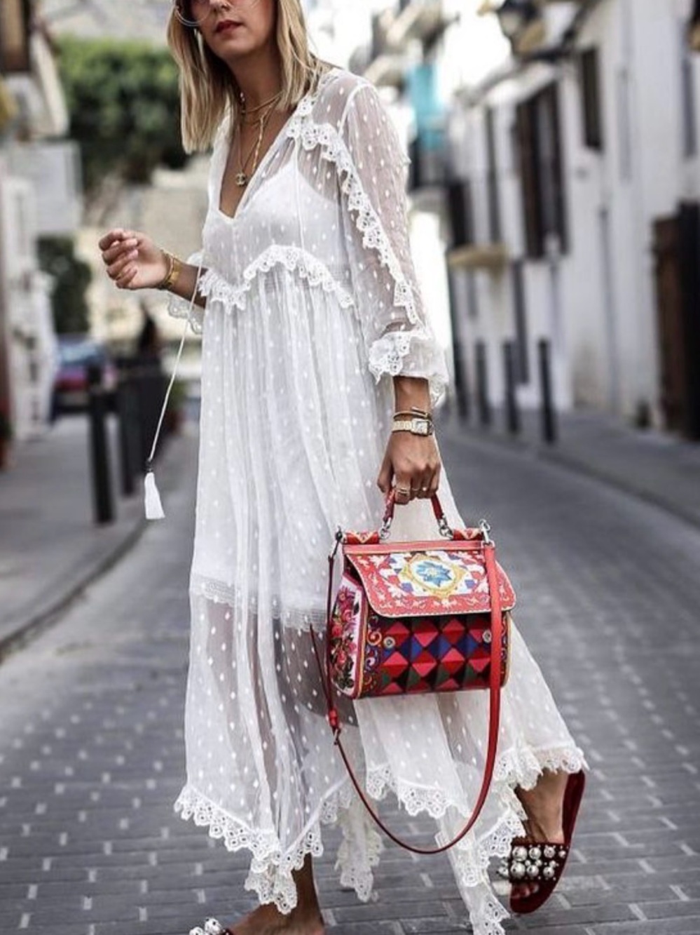 SEMICOUTURE- Italy/Sheer Swiss Dot White Maxi Dress